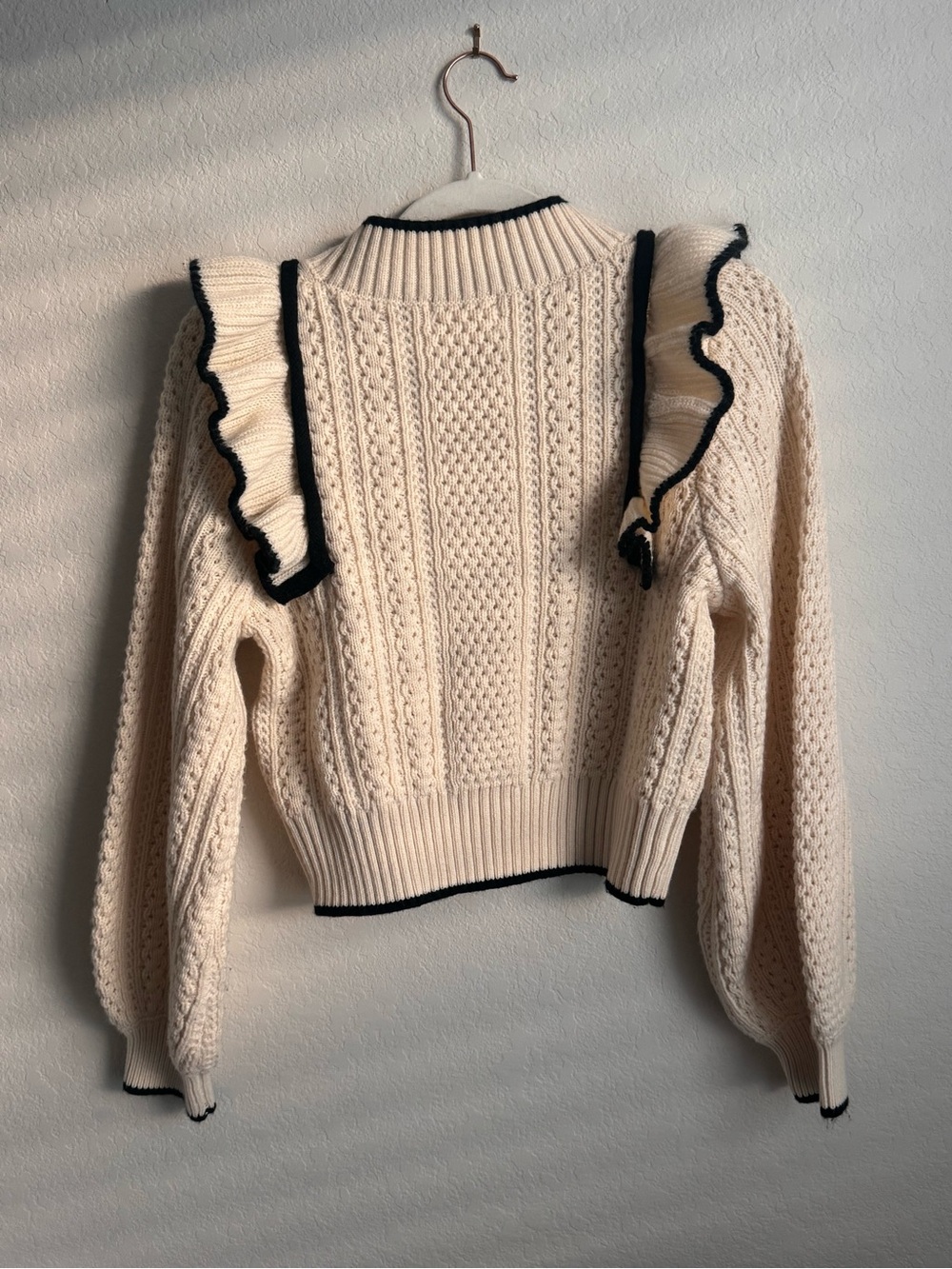 Mable | Cream Cable Knit Ruffle Trim Sweater - Picture 6 of 9